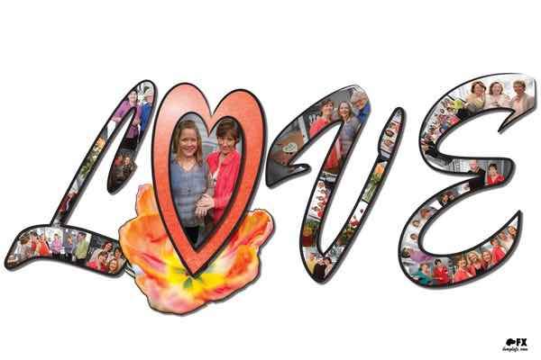 Clients' R and M wedding photos with red heart as O in word "LOVE" and flowers surrounding