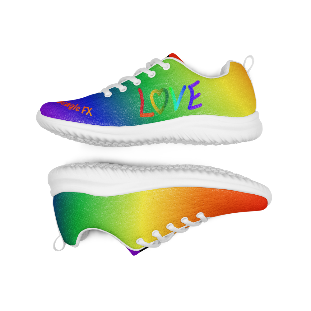 BFX rainbow pride athletic shoes with LOVE written on side and beagle in feather boa