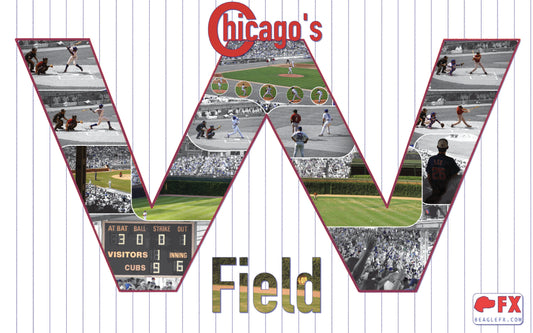 Wrigley Field photo design from Beagle FX "W" in center with Cubs game photos and custom stitching effect