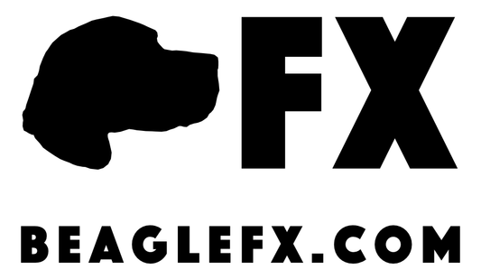 black and white Beagle FX logo with dog and letters FX on top beaglefx.com on bottom