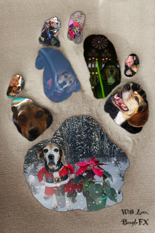 Custom photo design from Beagle FX from beagle Bean's actual footprint and her in various poses and costumes