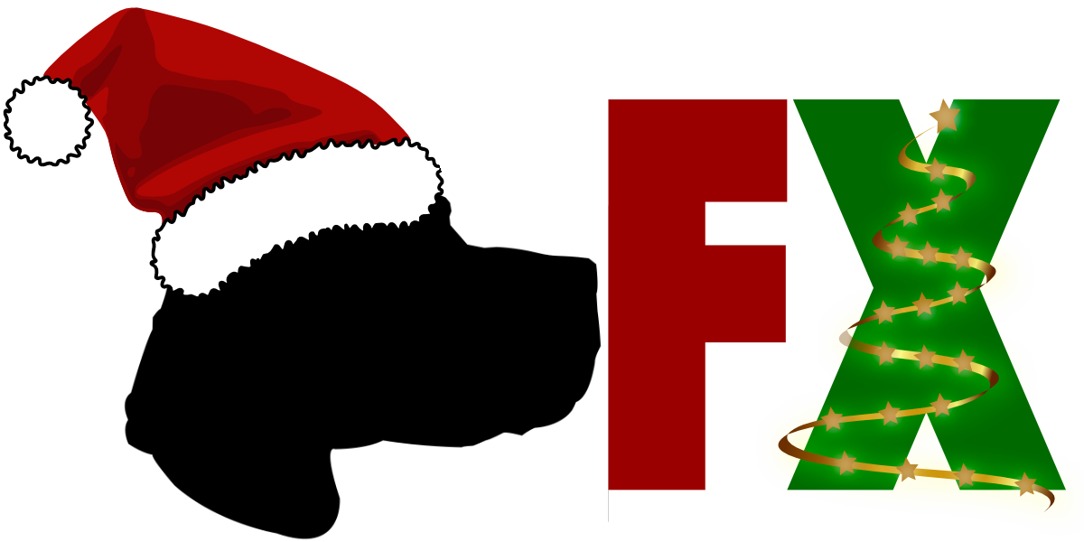 Beagle FX logo with Santa hat red F and green X with gold Christmas tree overlay