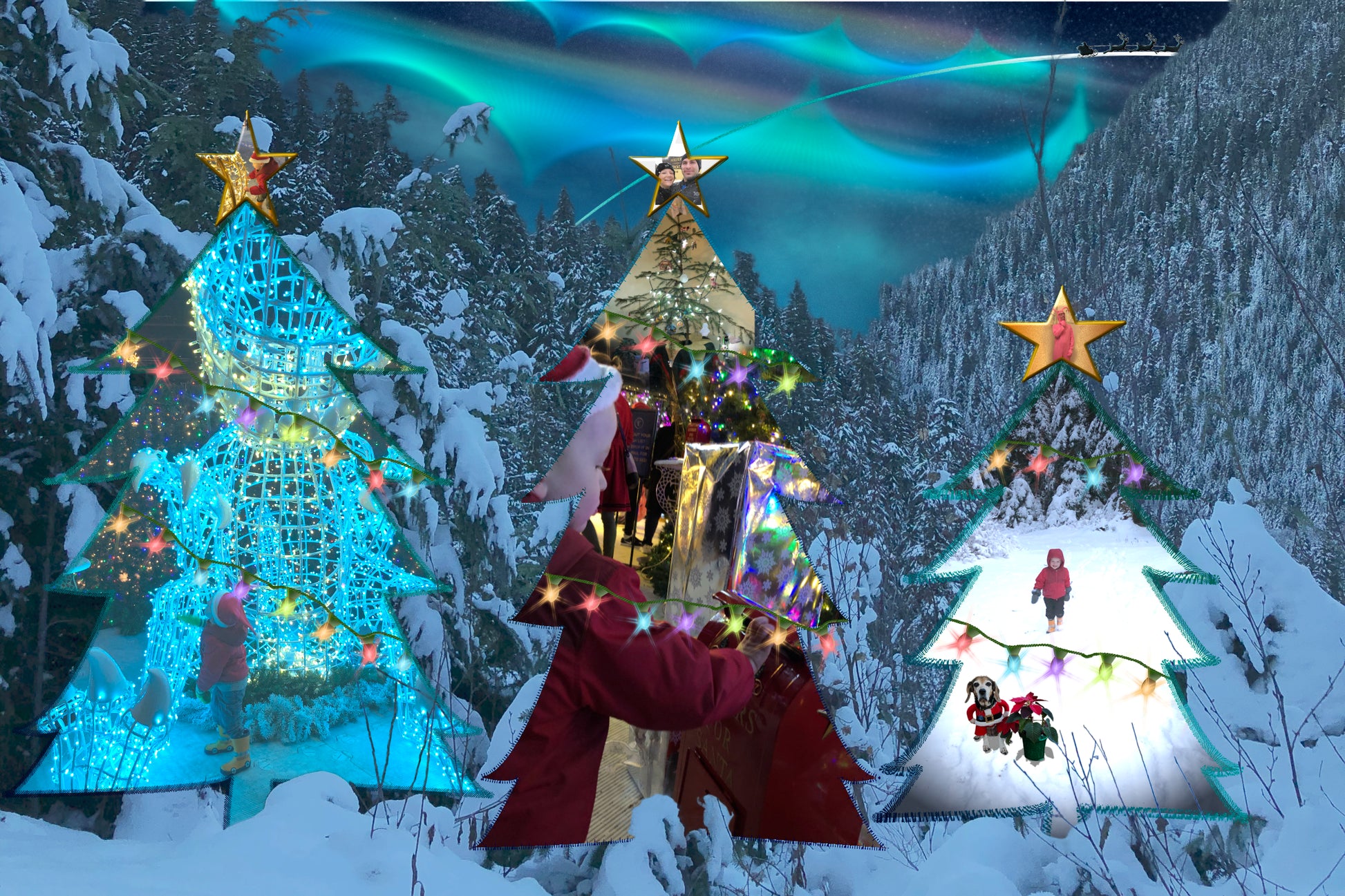 Photo collage with Santa sleigh, norther lights, Christmas trees, holiday lights, beagle in elf costume, cutting tree, lights in Seattle