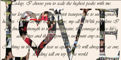 Word "love" photo collage with heart as the "o." Wedding pictures inset. Vows in background.