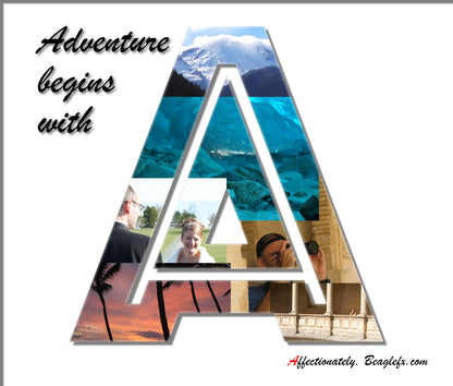 Adventure begins with Initial "A" photo collage from Beagle FX. Inset features top to bottom: Mount Rainier, Mendenhall Glacier, wedding of owners Sean and Catherine, Hawaii sunset, and Sean and Catherine in Spain