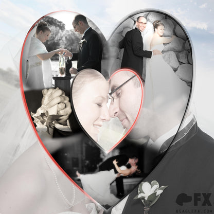 Photo collage of two nested hearts. Inner heart is Beagle FX co-owners Sean and Catherine pouring swirling sand at their wedding. Surrounding heart has additional photos from the wedding