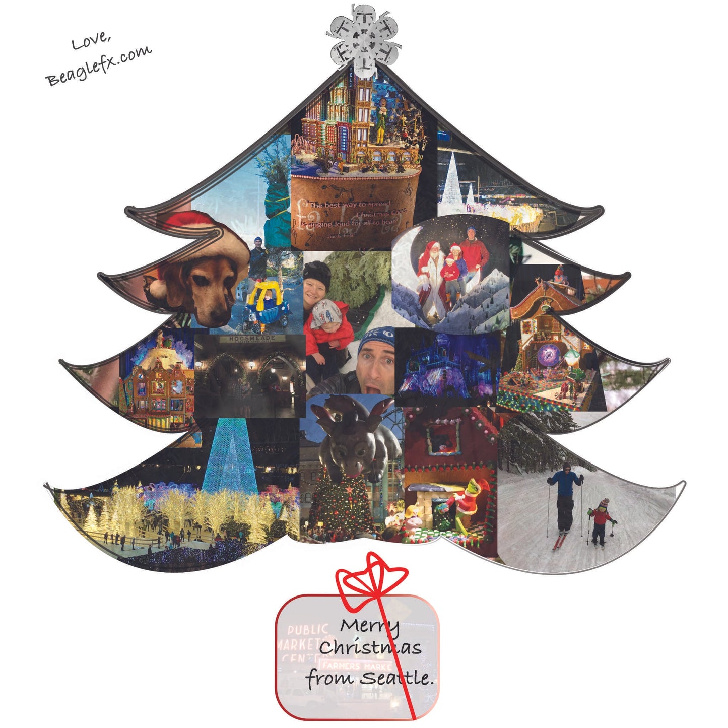Photo collage with photos of gingerbread houses, Christmas lights, skiing, parades, Harry Potter, Santa, and trees. These are set inside a Christmas tree frame. Individual photos set in "gifts" underneath the tree.
