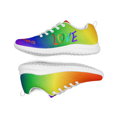BFX rainbow pride athletic shoes with LOVE written on side and beagle in feather boa